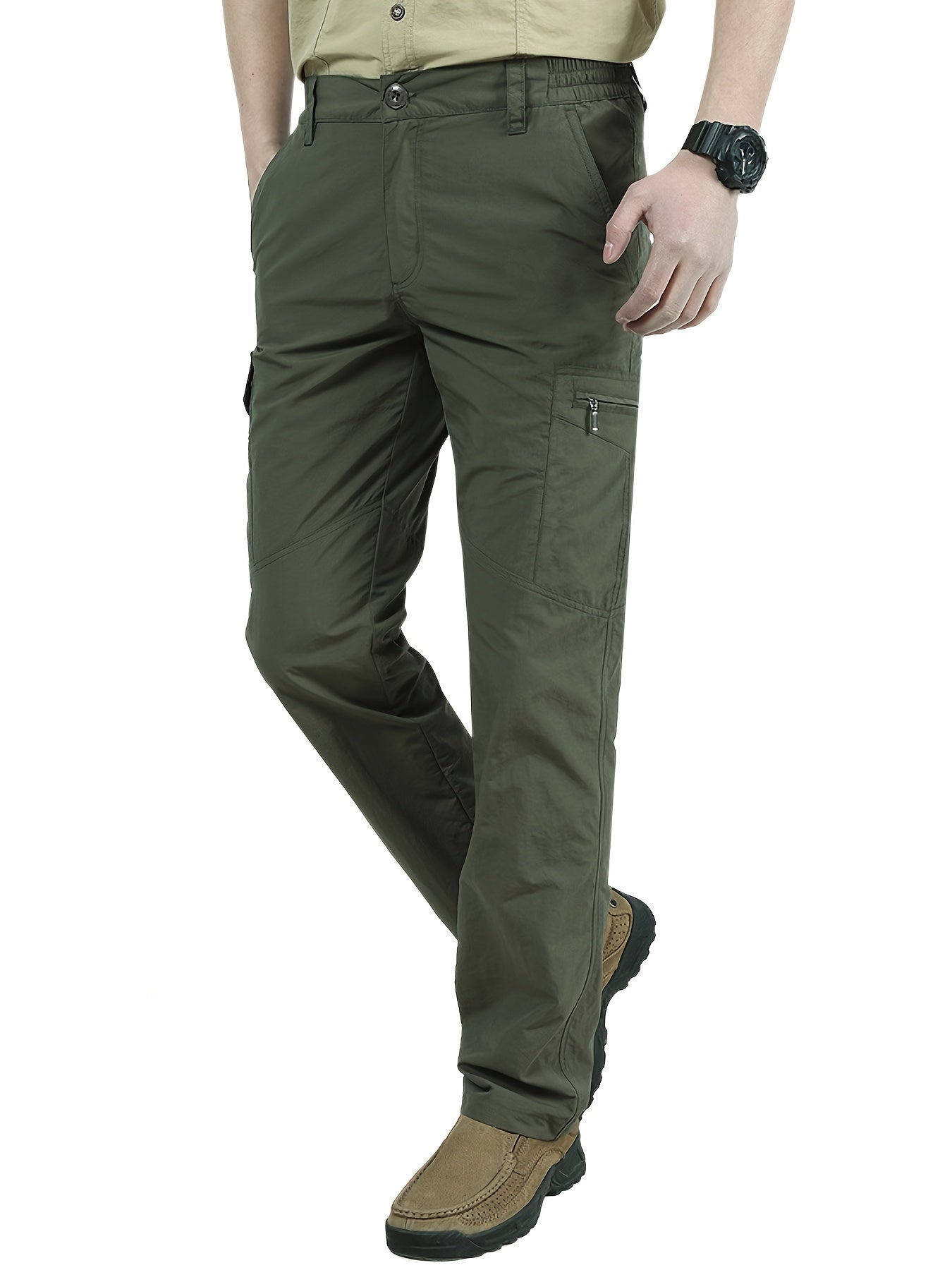 Men'S Casual Cargo Pants, & Quick-Drying, Lightweight with Elastic Waist, Tactical Fleece Lined, Solid Army Green/Black, Zipper Fly, Plus Size S-3XL, for Summer, Weekend Casual Wear, HOMUG