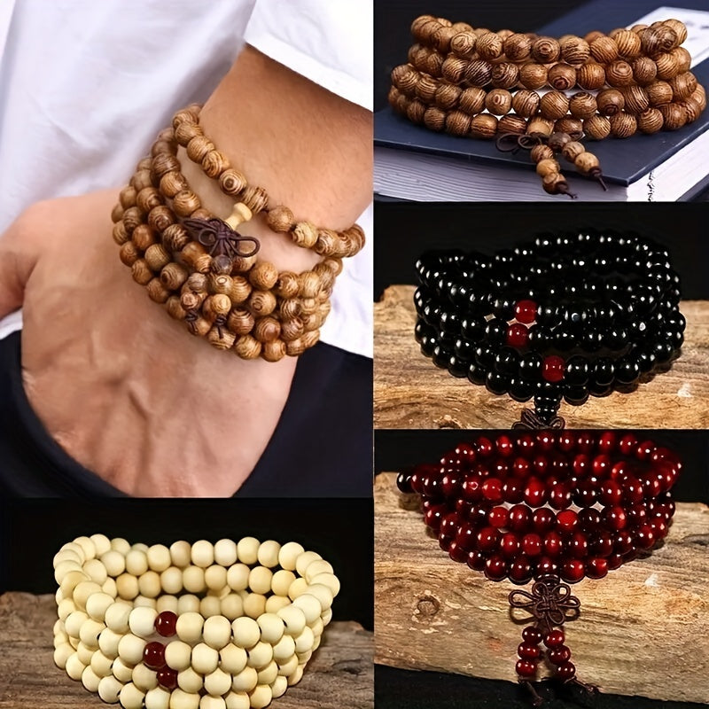 1/2pcs 108 Beads 8mm/0.31'' Natural Sandalwood Character Wood Prayer Beaded Knot Black Ebony Bracelets Bangles for Men Wooden Jewelry