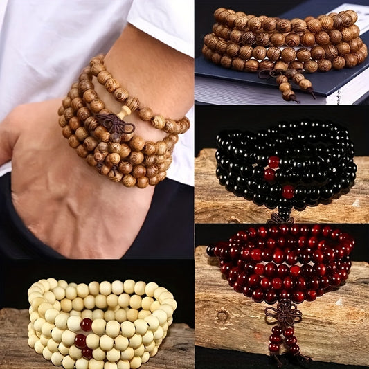 1/2pcs 108 Beads 8mm/0.31'' Natural Sandalwood Character Wood Prayer Beaded Knot Black Ebony Bracelets Bangles for Men Wooden Jewelry