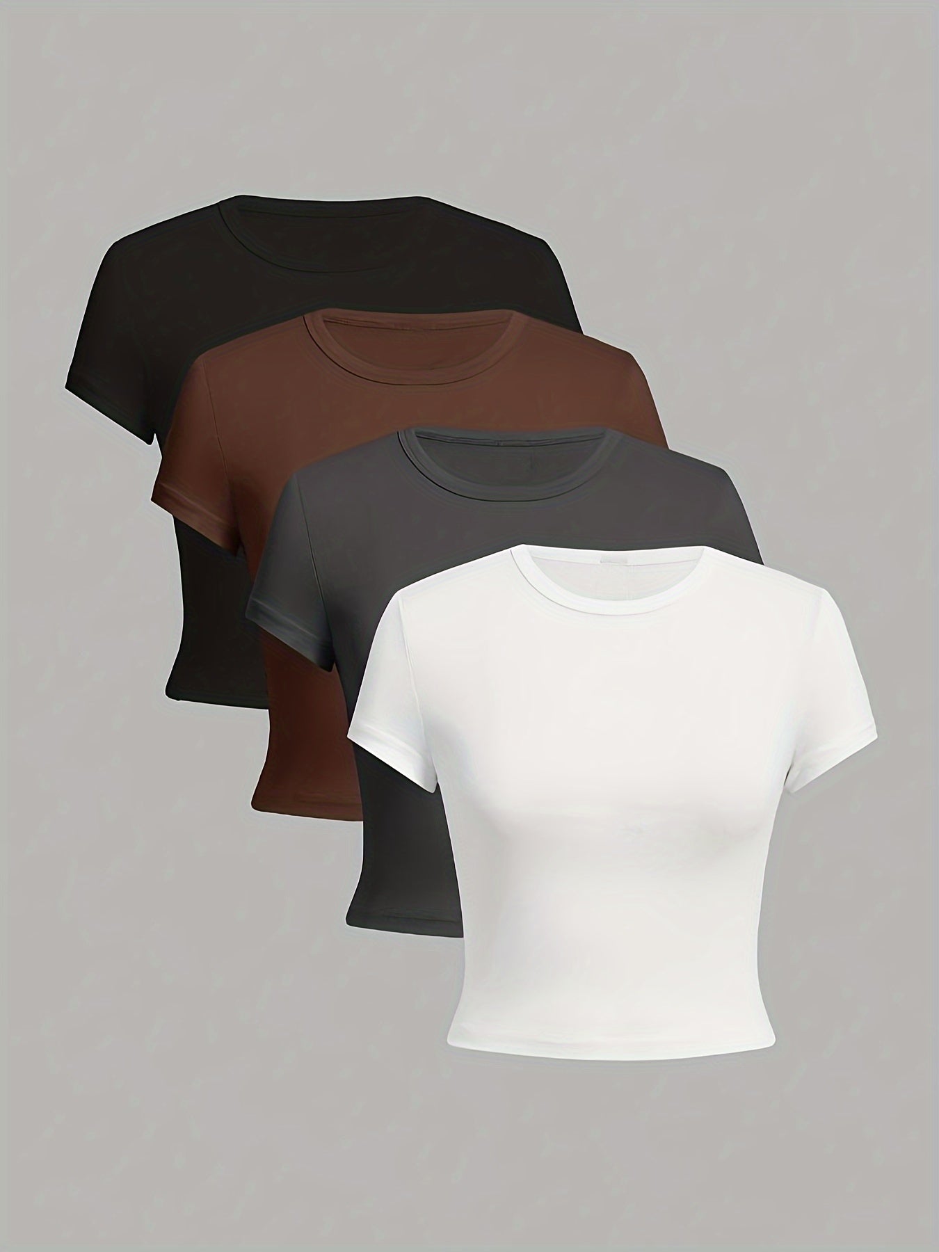 3 Pieces Crop T-shirts, Casual Crew Neck Short Sleeve T-Shirts For Spring & Summer, Women's Clothing