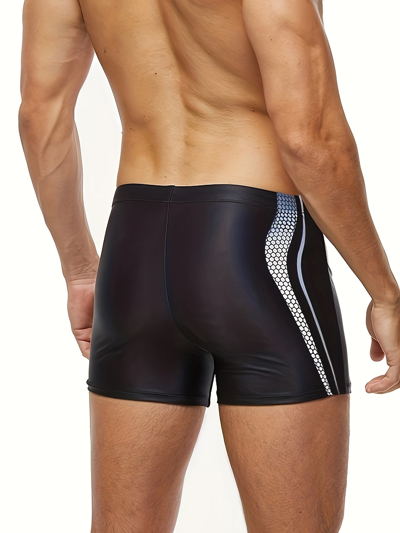 Men'S Stylish Black Swim Trunks with White & Blue Accents - Stretchy, Asymmetrical Design for Beach, Pool, and Gym - No Belt Needed, Adult Size, Swimwear|Modern Swimwear|Stretchy Material