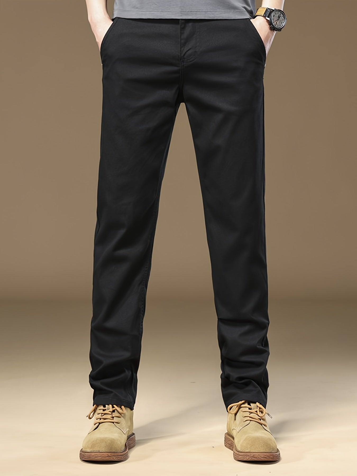 Men'S Slim-Fit Stretch Casual Pants - Elastic Waist Straight-Leg Trousers, Solid Color, Spring/Fall Comfort, Machine Washable, Regular Length for Business & Casual Attire, Spring Fall Attire, Sleek Straightleg, Smooth Texture Fabric, Office Attire, Modern