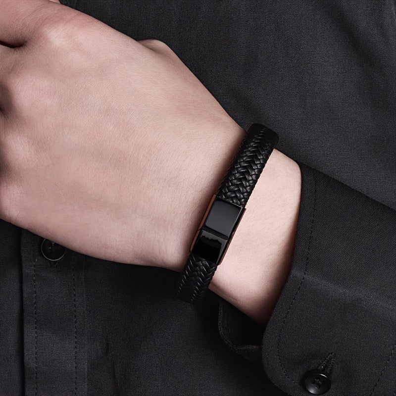 Charm Black Woven Faux Leather Bracelet for Men Fashion Bracelets Metal Magnetic Buckle Bead Accessories Leisure Entertainment