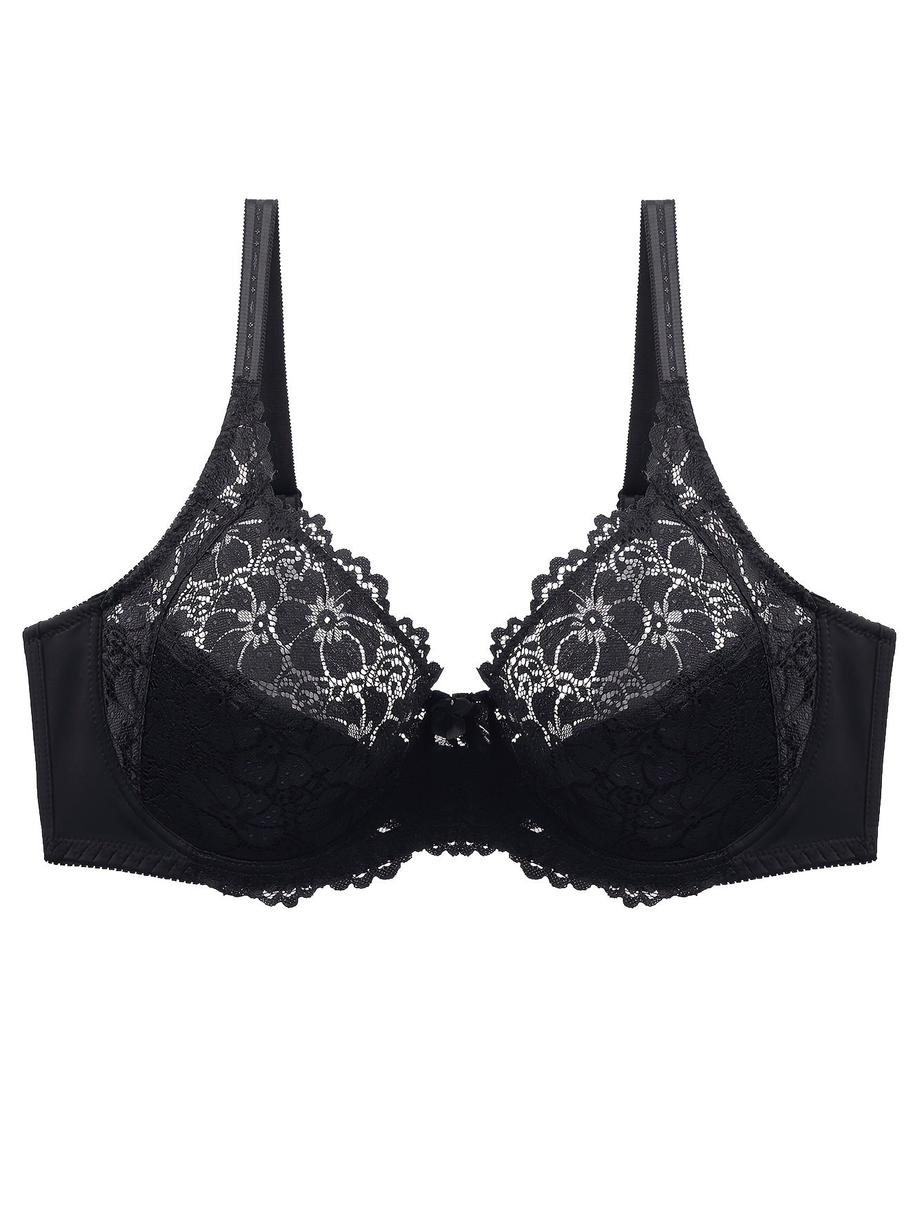 Plus Size Sexy Bra, Women's Plus Solid Contrast Lace Floral Trim Medium Stretch Comfort Bra