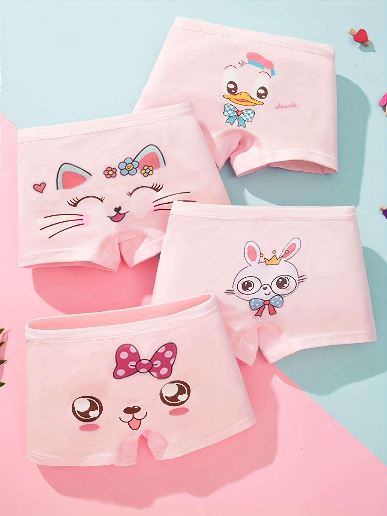 4-Pack Girls' Cute Bunny & Cat Print Boxer Briefs - Soft Stretchy Mid-Rise Underwear with Pastel Colors, All-Season Comfort, Regular Fit for Youngsters & Youngsters, Youngsters Underwear, Playful Youngsters' Apparel, Comfortable Youngsters' Wear