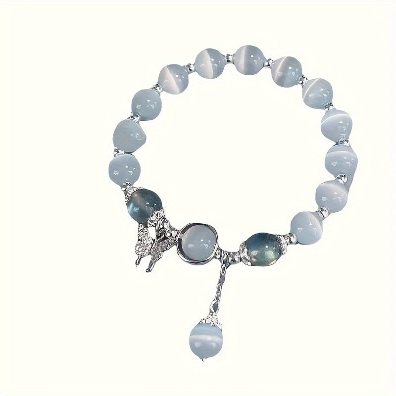 1pc Cute Glass Cat Eye Stone Beaded Bracelet With Butterfly Charm, Perfect Gift