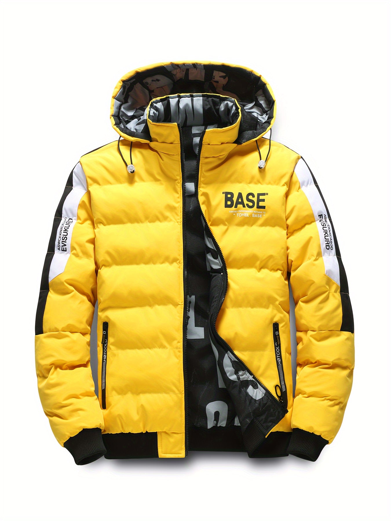 Men'S Hooded Jacket - Casual Polyester 100% Alphabet Pattern Regular Fit Winter Coat with Non-Stretch Fabric, Long Sleeve, Zipper Details & Polyester Fiber Filling