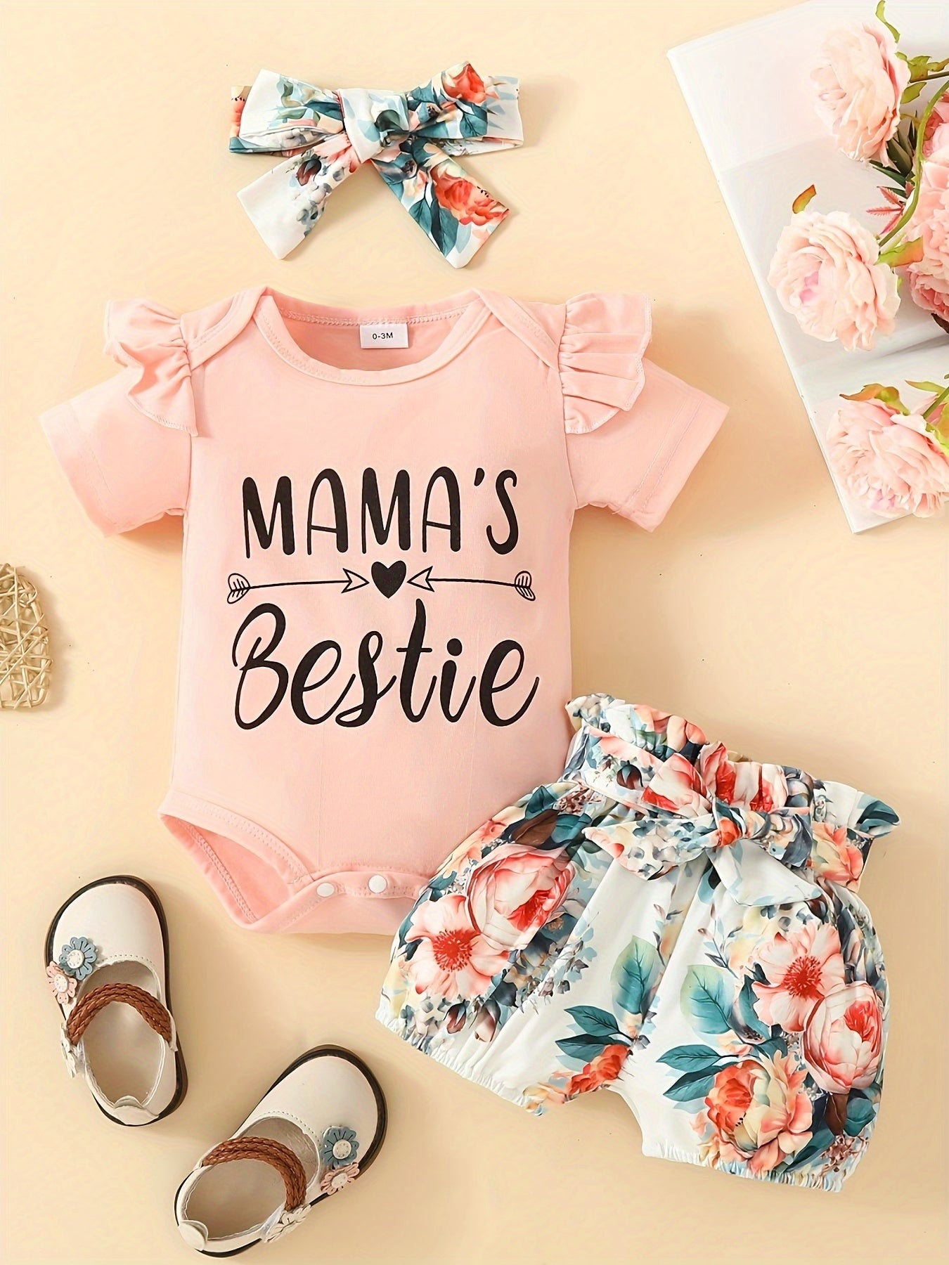 3pcs Short Sleeve & Shorts Set for Newborns - "I'm Daddy's Girl" Letter Print Pants and Headband, Mommy's World Alphabet Kids' Outfit, Perfect for Outdoor