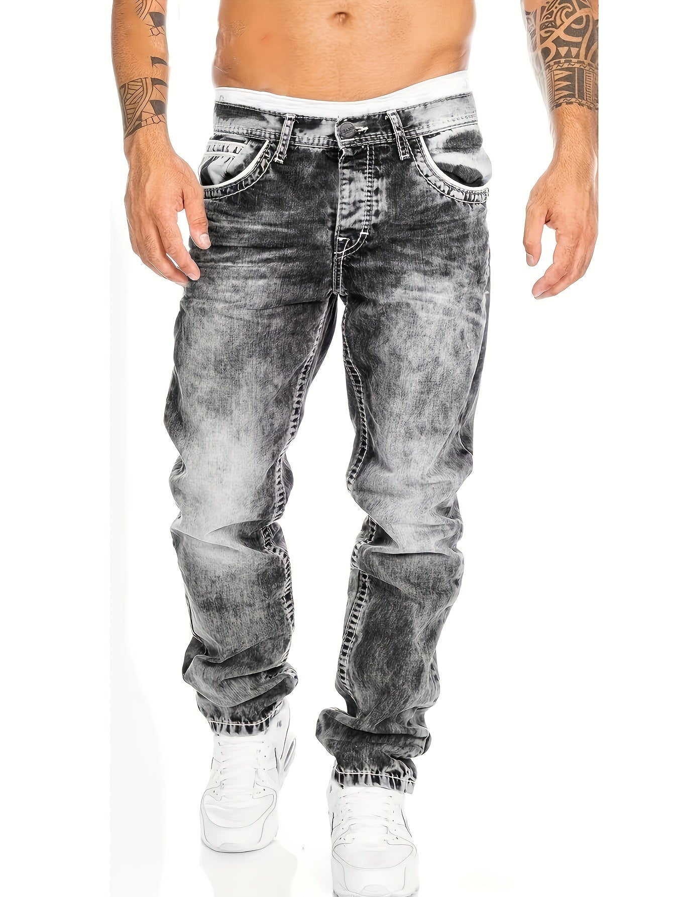 Men's Slim-Fit Straight-Leg Jeans - Classic Blue Denim Pants, All-Season Everyday & Formal Wear, Easy-Care Hand Washable Jeans for Men, Casual Streetwear