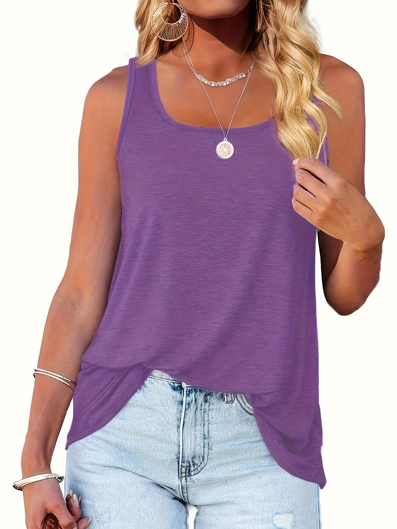 Plus Size Basic Tank Top, Women's Plus Solid Square Neck High Stretch Summer Tank Top