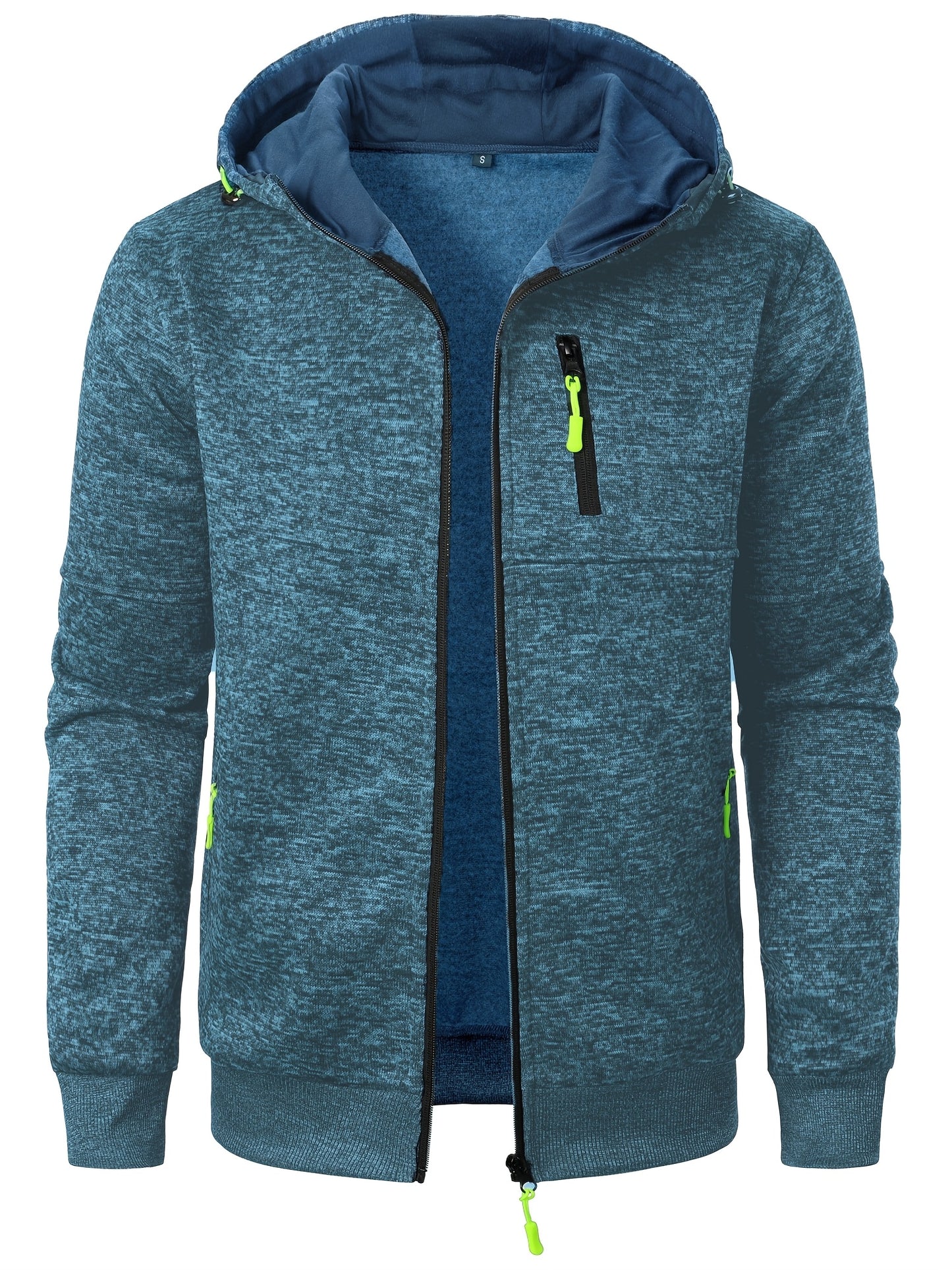 Men's Autumn Winter Casual Plush Hooded Sweater - Soft Knit Zipper Front with Neon Accents, Regular Fit Long Sleeve Pullover for Cold Weather, Sweater Hoodie, Ribbed Detailing