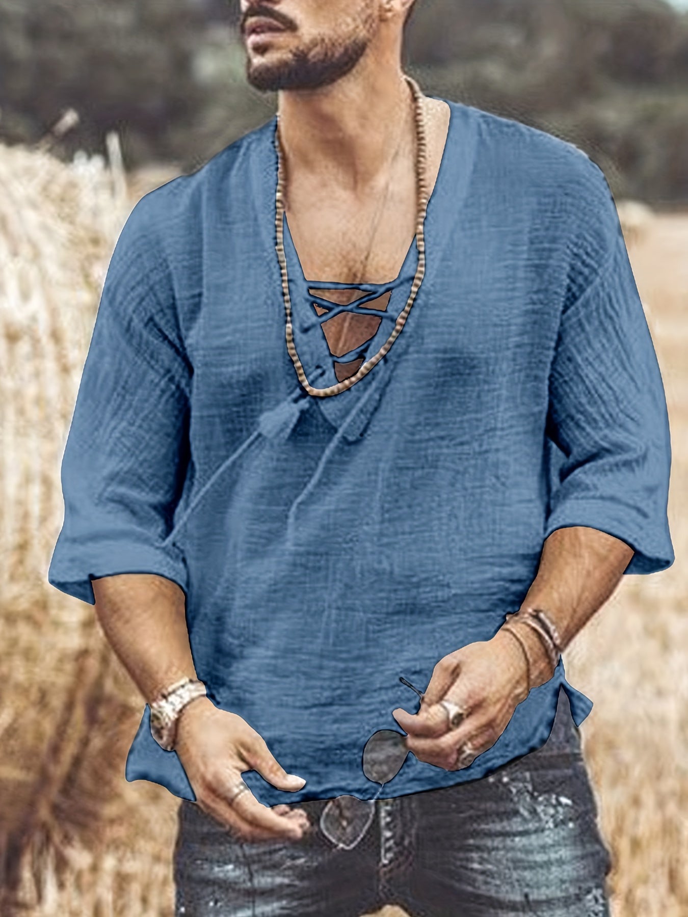 Men's Summer Casual V-Neck Breathable Short-Sleeve Fashion Drawstring Solid Color T-Shirt with Wrinkle Fabric