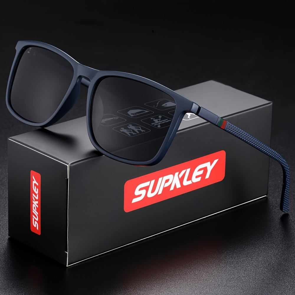 SUPKLEY Men'S Lightweight Polarized Sports Sunglasses - Square Frame, Blue Lenses, Includes Cleaning Cloth & Original Box for Outdoor Activities, Fishing, Hiking, Casual Wear, Hiking Eyewear, Modern Eyewear, Durable Eyewear