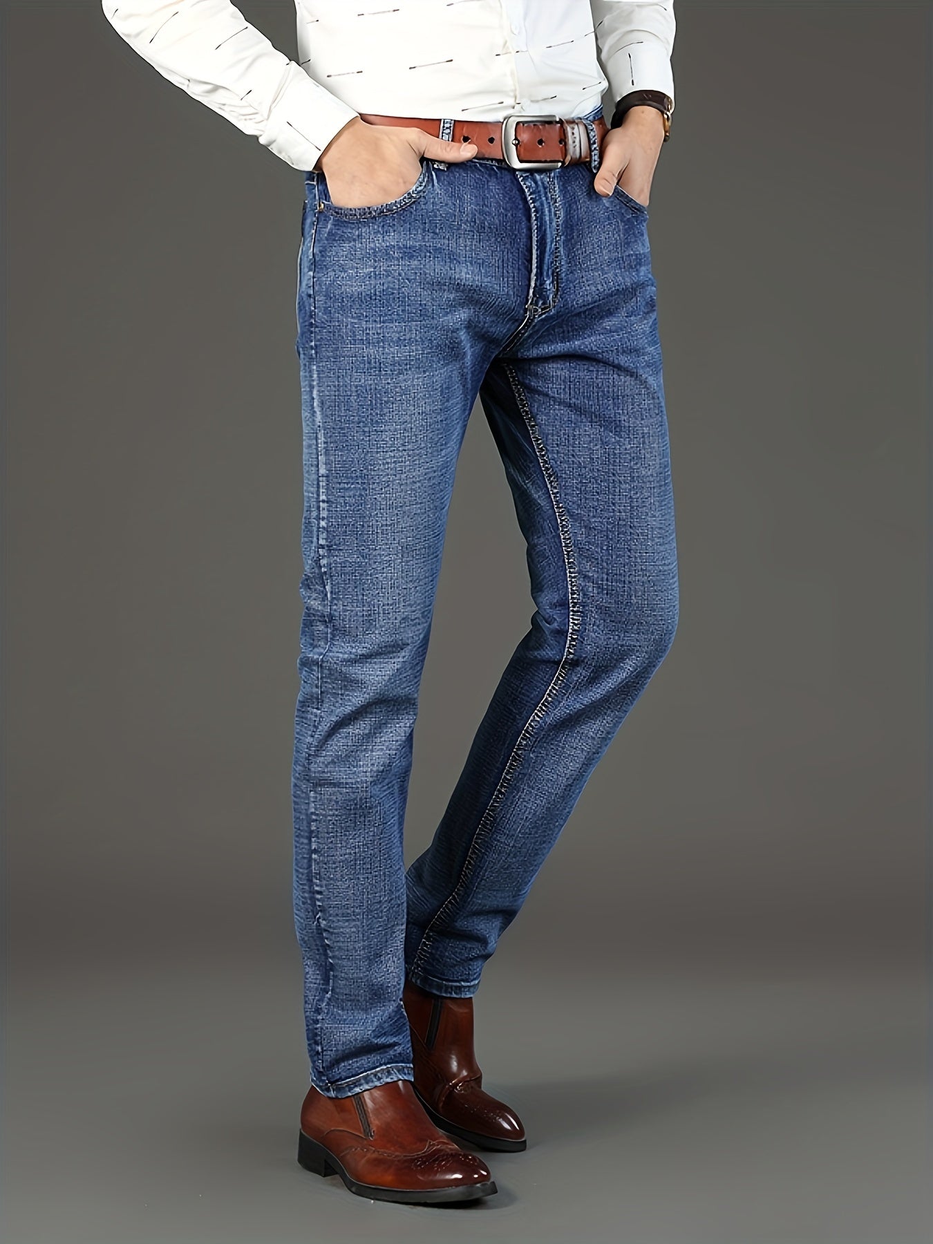 Men'S High-Waist Straight-Leg Jeans - Lightweight, Stretch Denim, Button Closure, Regular Fit, Solid Color, Versatile for Business & Casual Wear, Business Casual Pants | Modern Straightleg Pants | Comfortable Wear
