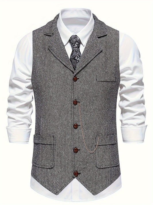 Men's Herringbone Tweed Single-Breasted Lapel Vest with Chain Detail - Stylish Brown Suit Vest for Business or Formal Occasions, Machine Washable, Stylish Layering Piece | Notched Lapel Design | Polyester Blend Vest