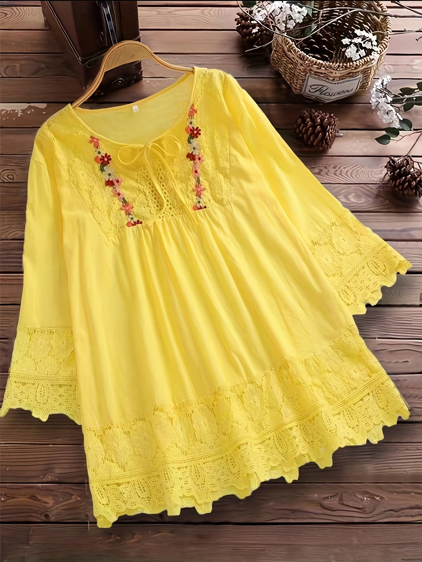 Women's Plus Size V-Neck Lace Trim Blouse - Vibrant Yellow Loose Fit Tie-Front Shirt, Lightweight Semi-Sheer Casual Top for Spring Summer Fall, Machine Washable, Lace Blouse, Seasonal Fashion, Nonelastic Fabric