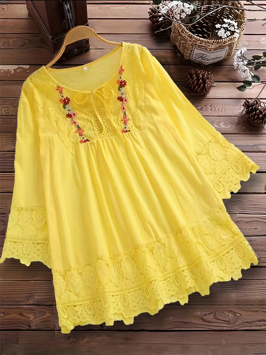 Women's Plus Size V-Neck Lace Trim Blouse - Vibrant Yellow Loose Fit Tie-Front Shirt, Lightweight Semi-Sheer Casual Top for Spring Summer Fall, Machine Washable, Lace Blouse, Seasonal Fashion, Nonelastic Fabric