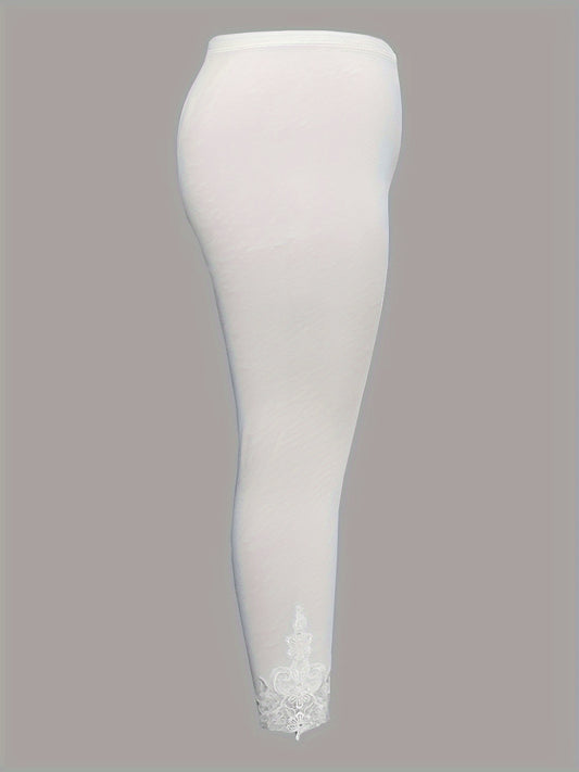 Plus Size Contrast Lace Solid Leggings, Casual Every Day Stretchy Leggings, Women's Plus Size Clothing