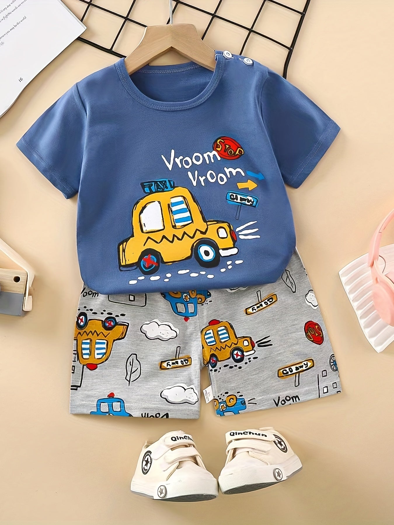 Boys Cartoon Off-road Truck "Ride Like The Wind" Casual Outfit Round Neck T-shirt & Shorts For Summer Boys Clothes