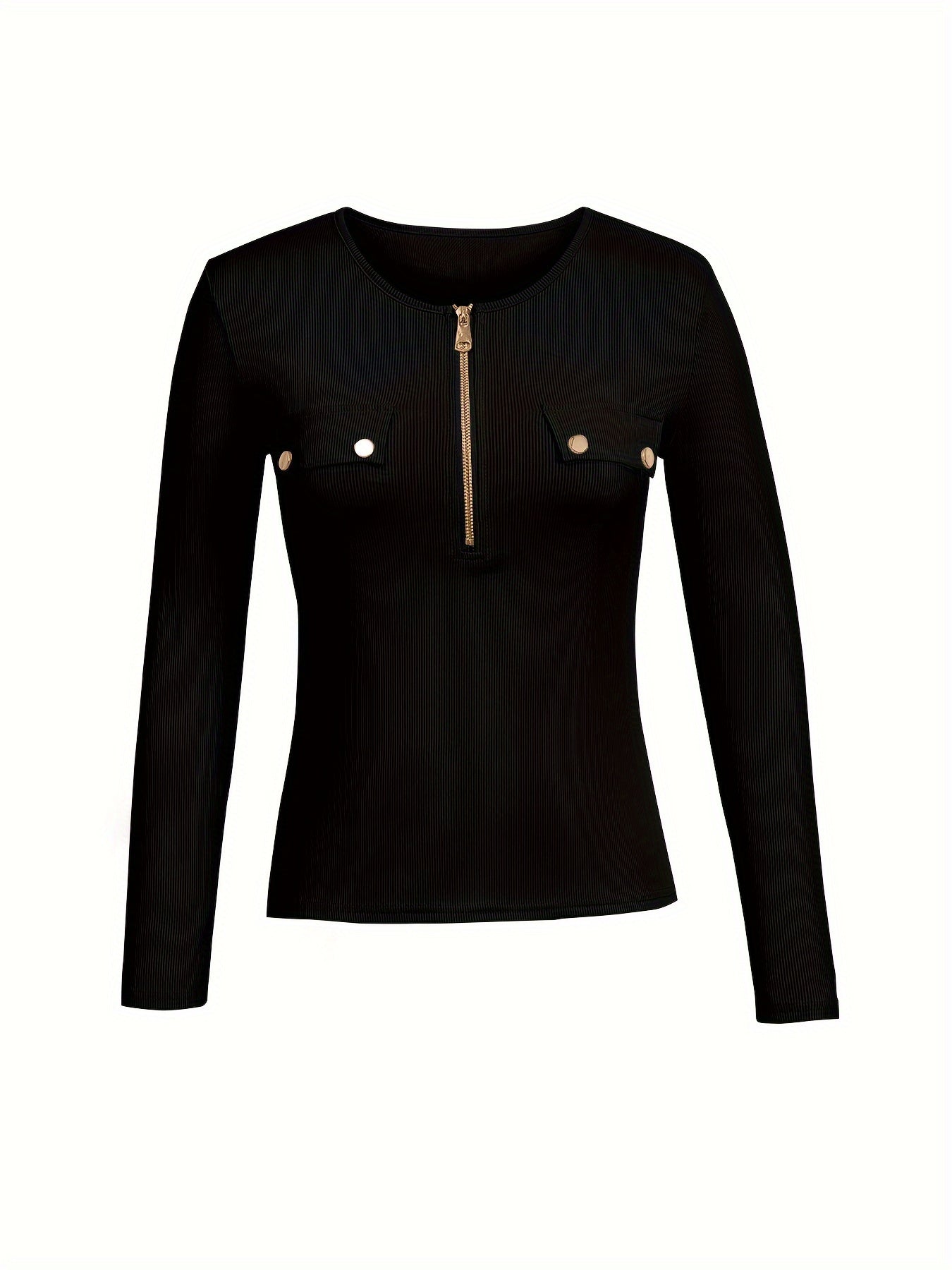 Women'S Long Sleeve T-Shirt - Elegant Black Top with Metallic Golden Accent, Slim Fit Shirt for Casual & Formal Outfits, Spring/Fall Everyday Essential Wardrobe Staple, Ladies T Shirts, Spring Fall Apparel, Round Neckline, Durable Fabric, Spring Fashion,