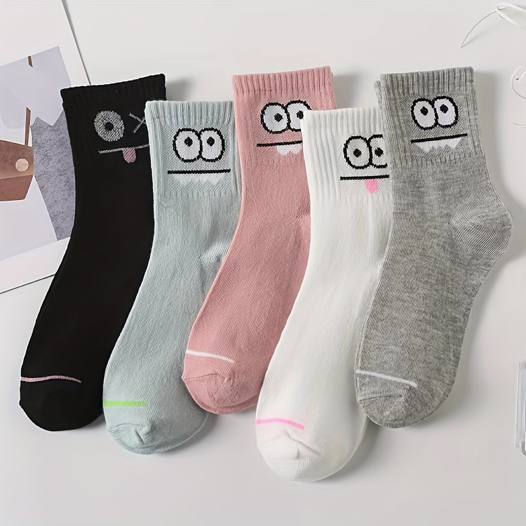 5 Pairs Funny Face Print Socks, Comfy & Casual Mid Tube Socks, Women's Stockings & Hosiery