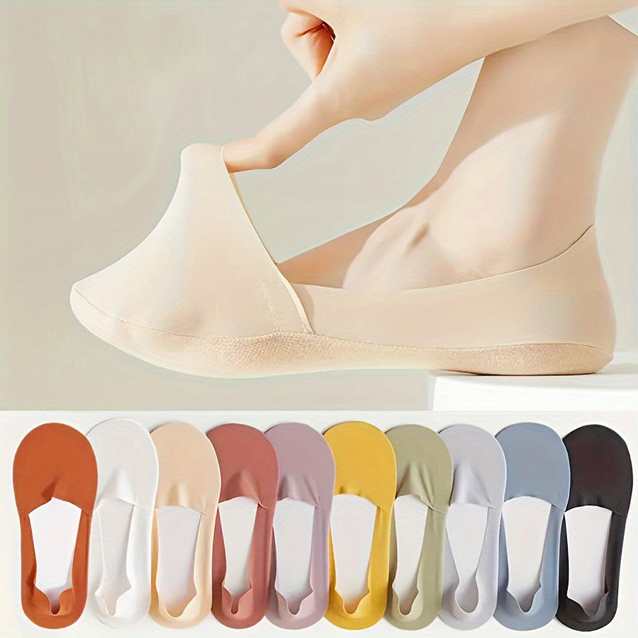 5 Pairs Solid Ice Silk Socks, Non-slip Breathable Low Cut Invisible Socks, Women's Stockings & Hosiery