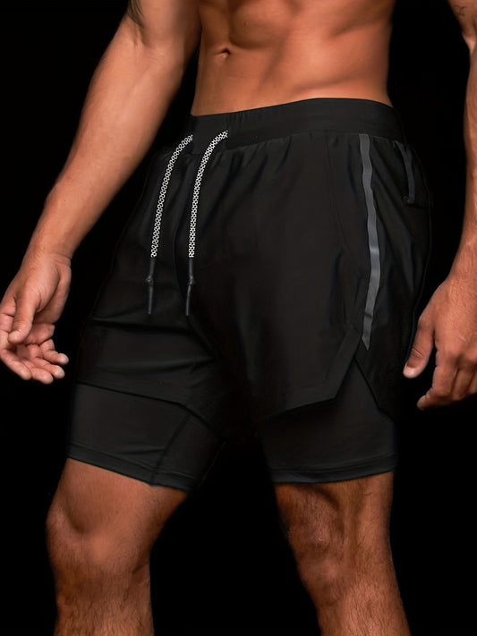 2-in-1 Double Layer Shorts With Inner Zipper Pocket, Men's High Stretch Sports Shorts For Summer Gym Workout Training