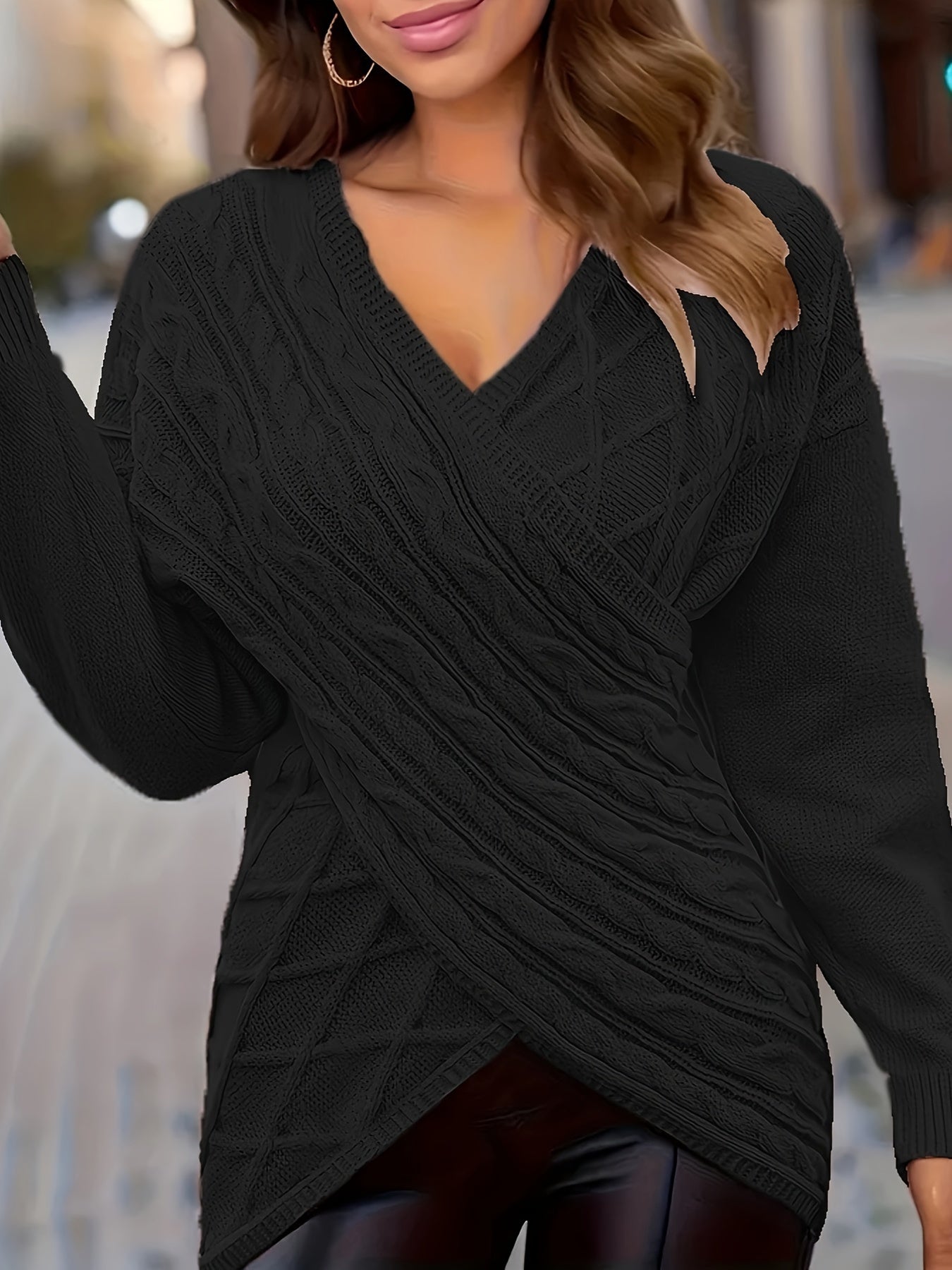 Plus Size Elegant Sweater, Women's Plus Solid Cable Drop Shoulder Long Sleeve Wrap Cross V Neck Jumper
