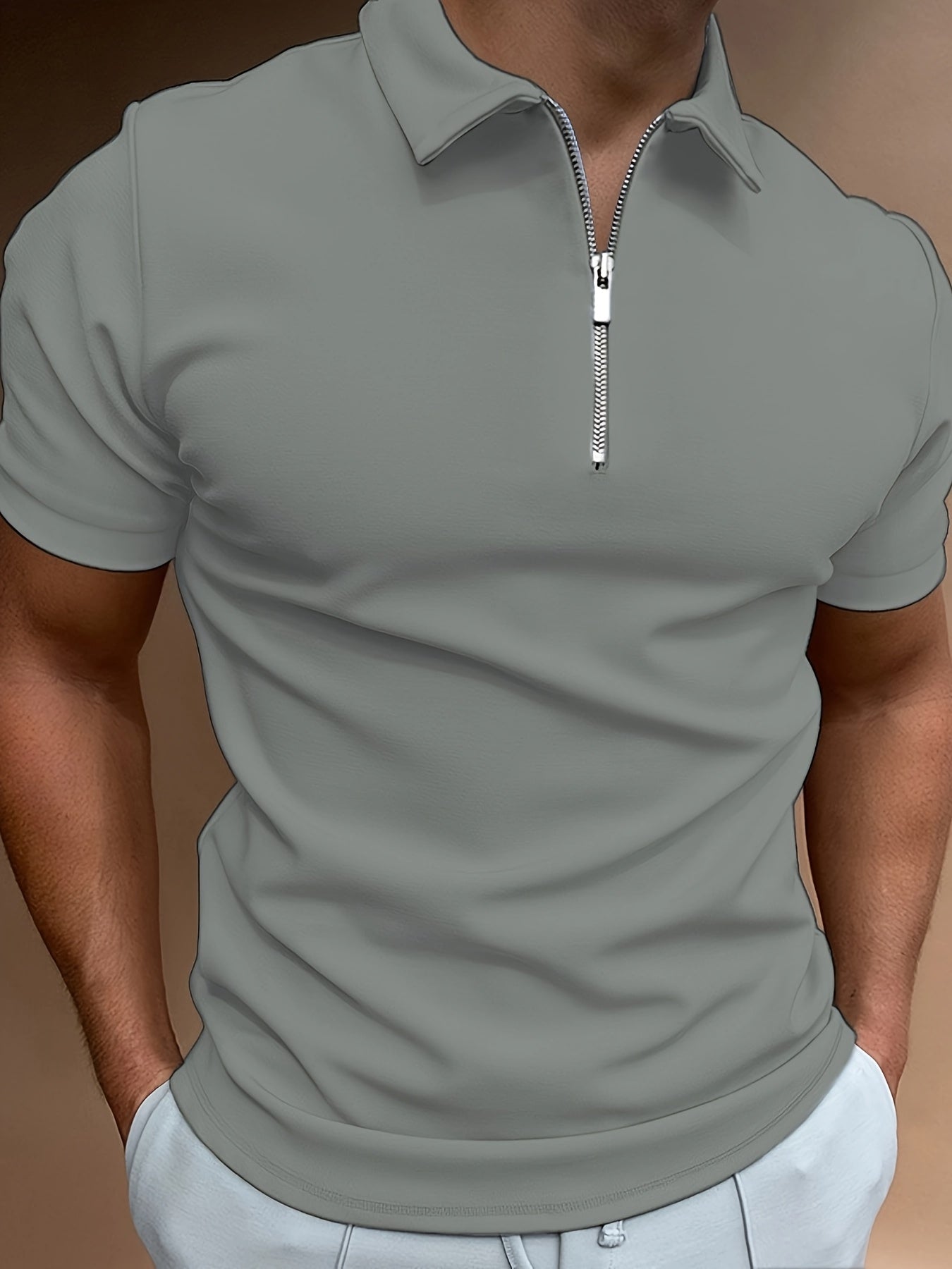 [Golf Apparel] Men's Classic White Shirt - Casual Summer Style with Short Sleeves, Zipper Collar, and Stretch Polyester Fabric - Perfect for Streetwear & Golf