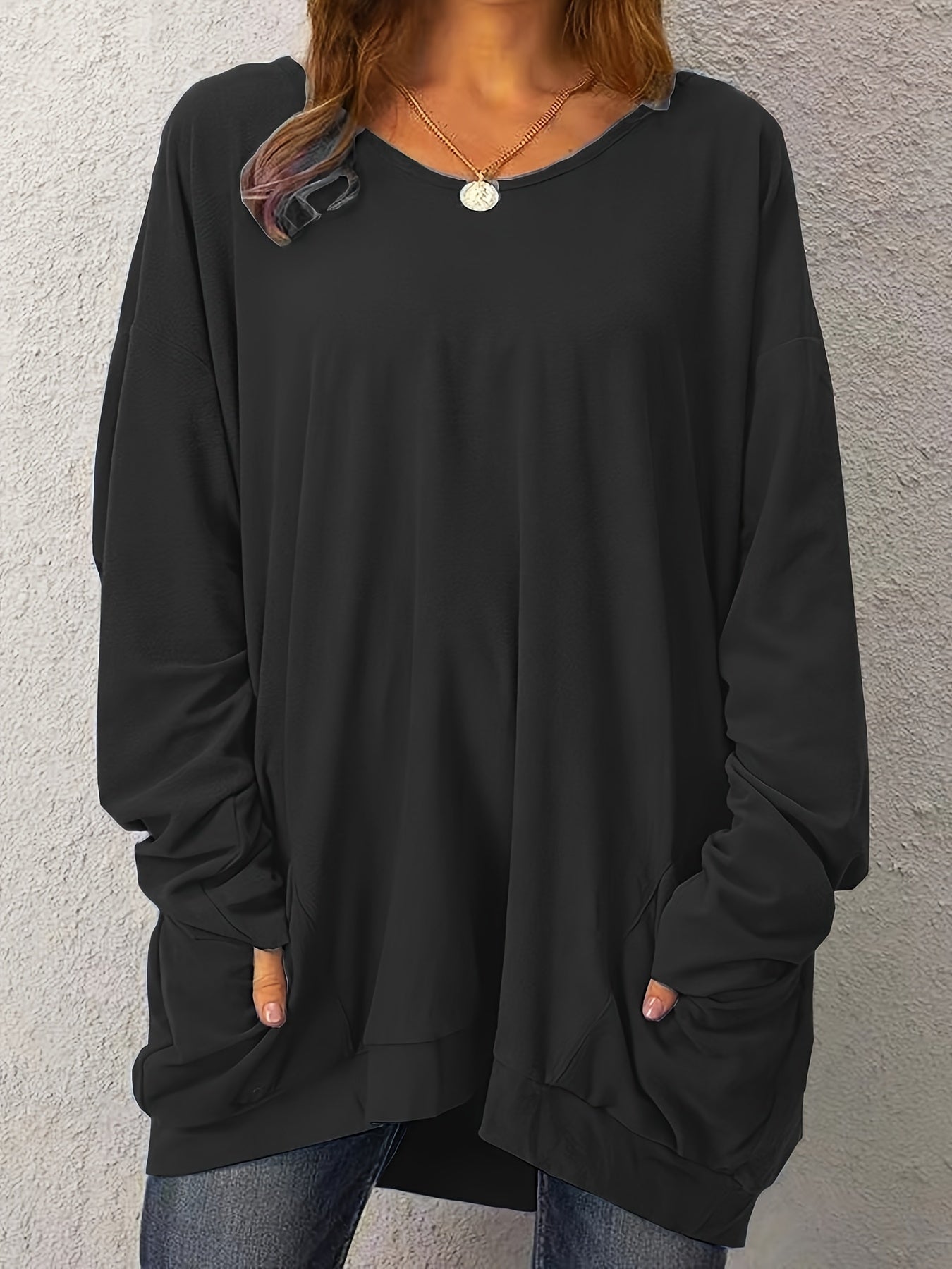 Women's Elegant Long Sleeve Casual Dress with Large Pockets - Solid Black Round Neck Machine Washable Spring/Fall Versatile Wardrobe Staple, Spring Fall Clothing, Long Sleeve Design, Comfortable
