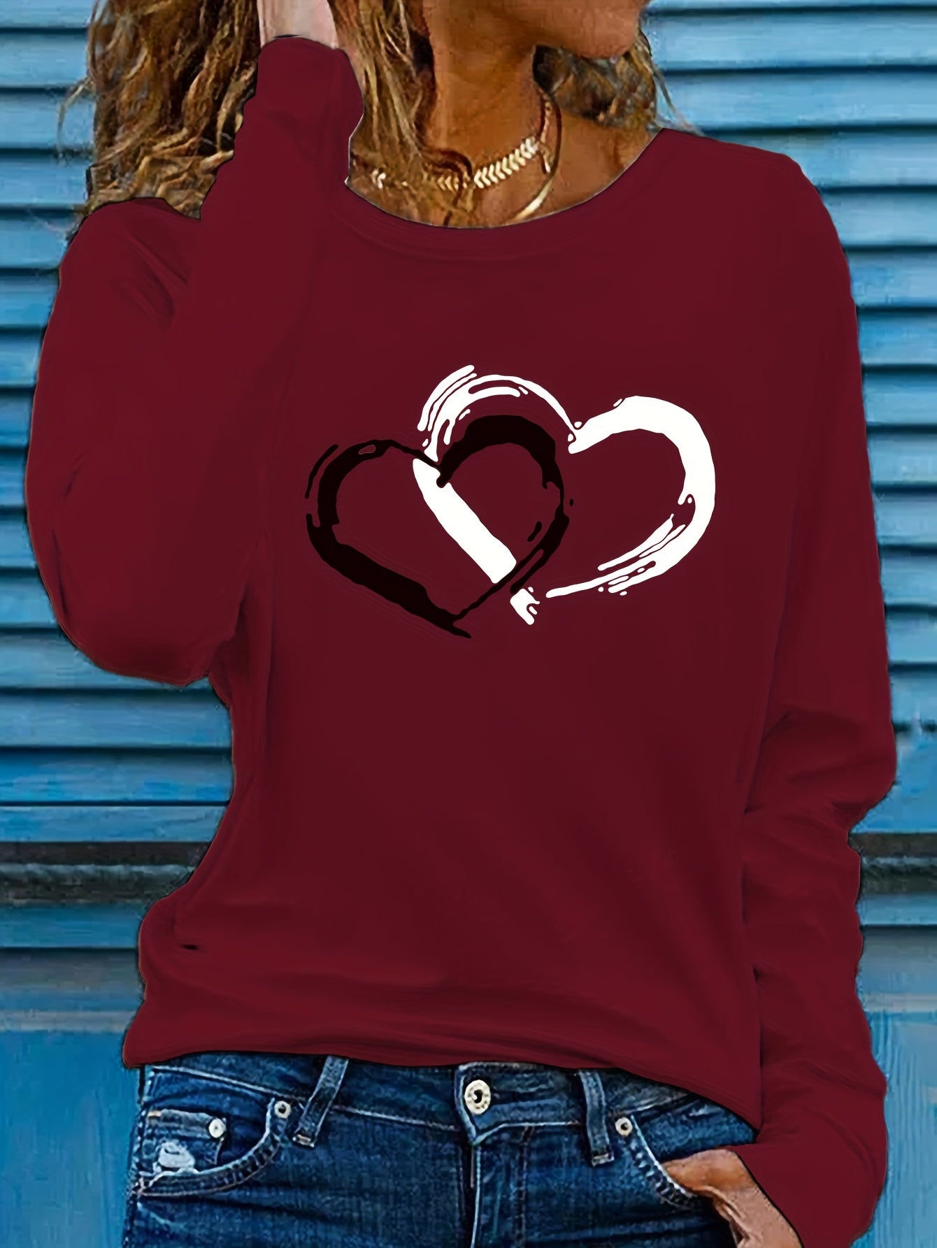 Heart Print Crew Neck T-shirt, Casual Long Sleeve Top For Spring & Fall, Women's Clothing