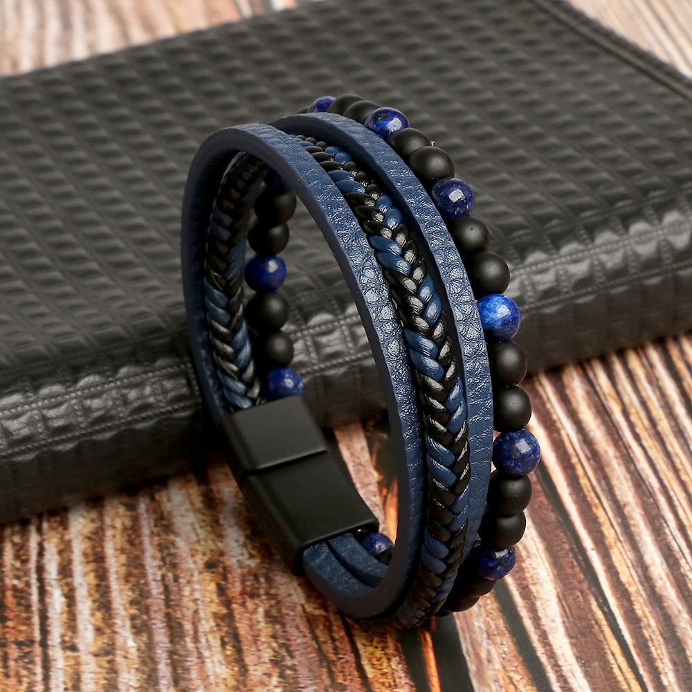 1pc Fashion Layered Handmade Braided PU Leather Bracelet, Tiger Eyestone Beaded Bracelet, Characteristic Punk Bracelet, Father's Day Gift