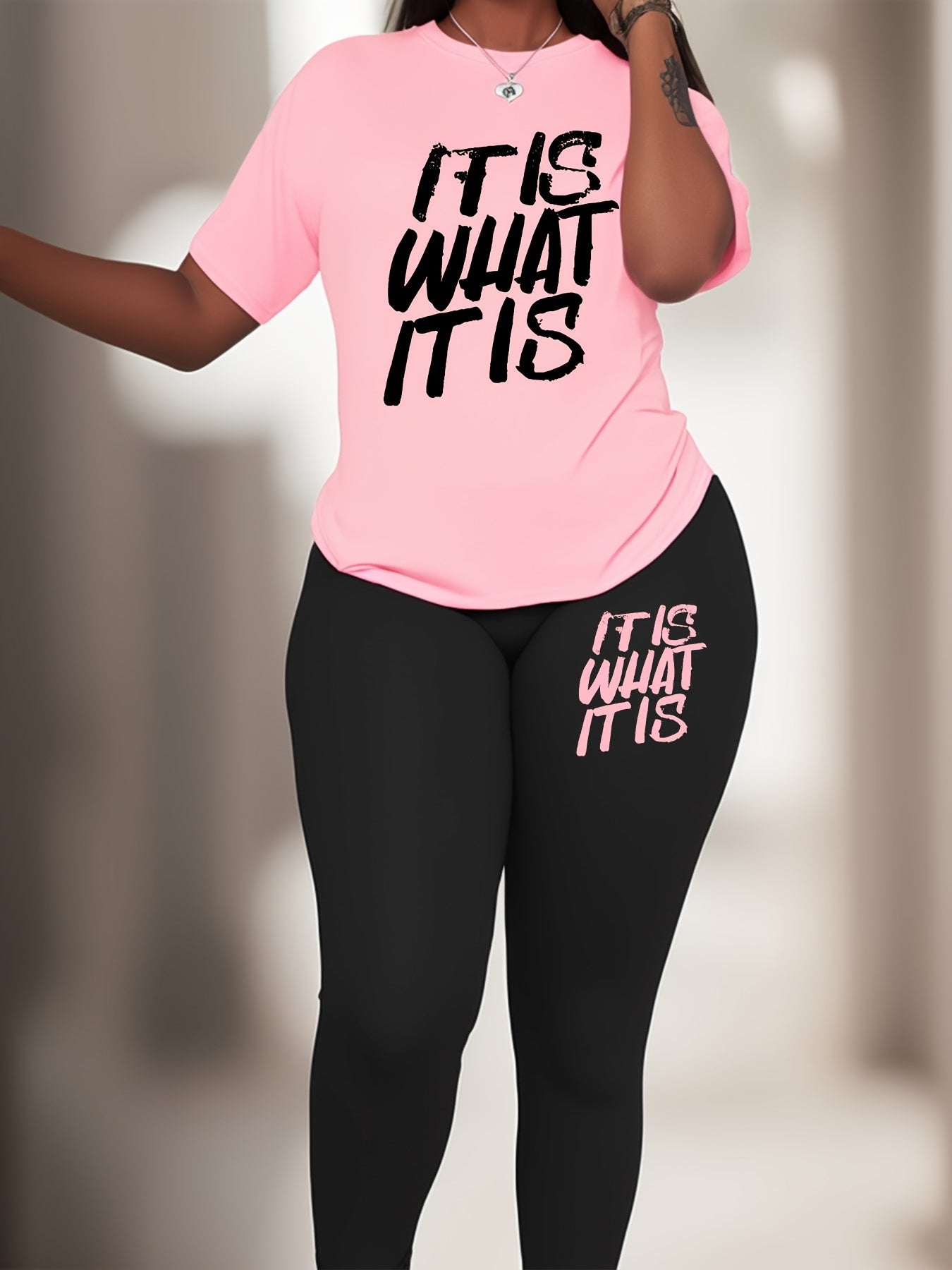 Plus Size Slogan Print Sports Set - Crew Neck Polyester Knit Fabric with Elastane, Medium Stretch Activewear Lash Set