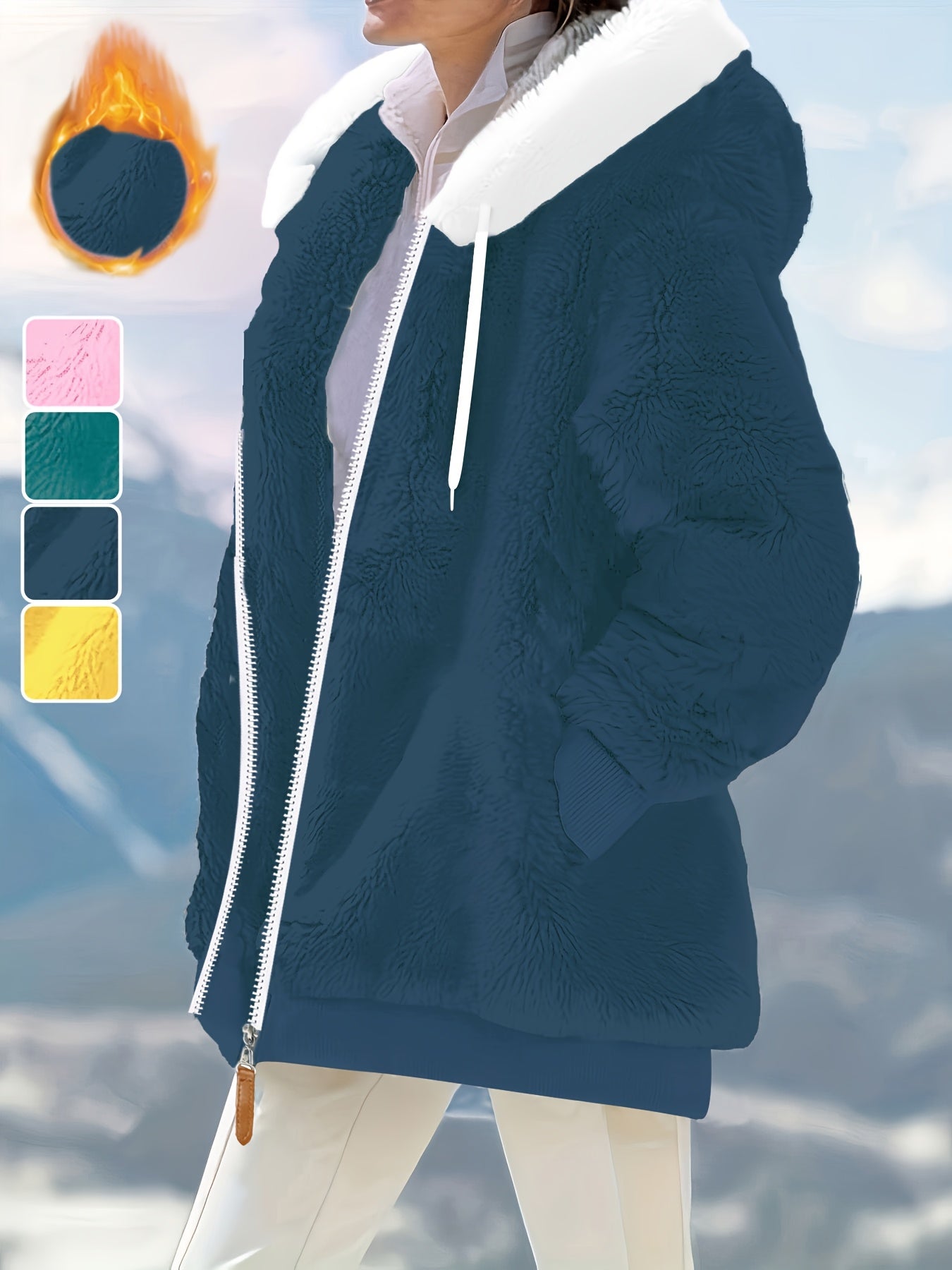 Plus Size - Women'S Cozy Fleece-Lined Hooded Jacket - Oversized Zip-Up with Drawstring, White, All-Season Comfort, Casual Style, Casual Winter Wear | Oversized Hooded Jacket | Zippered Hoodie, Winter Hoodie