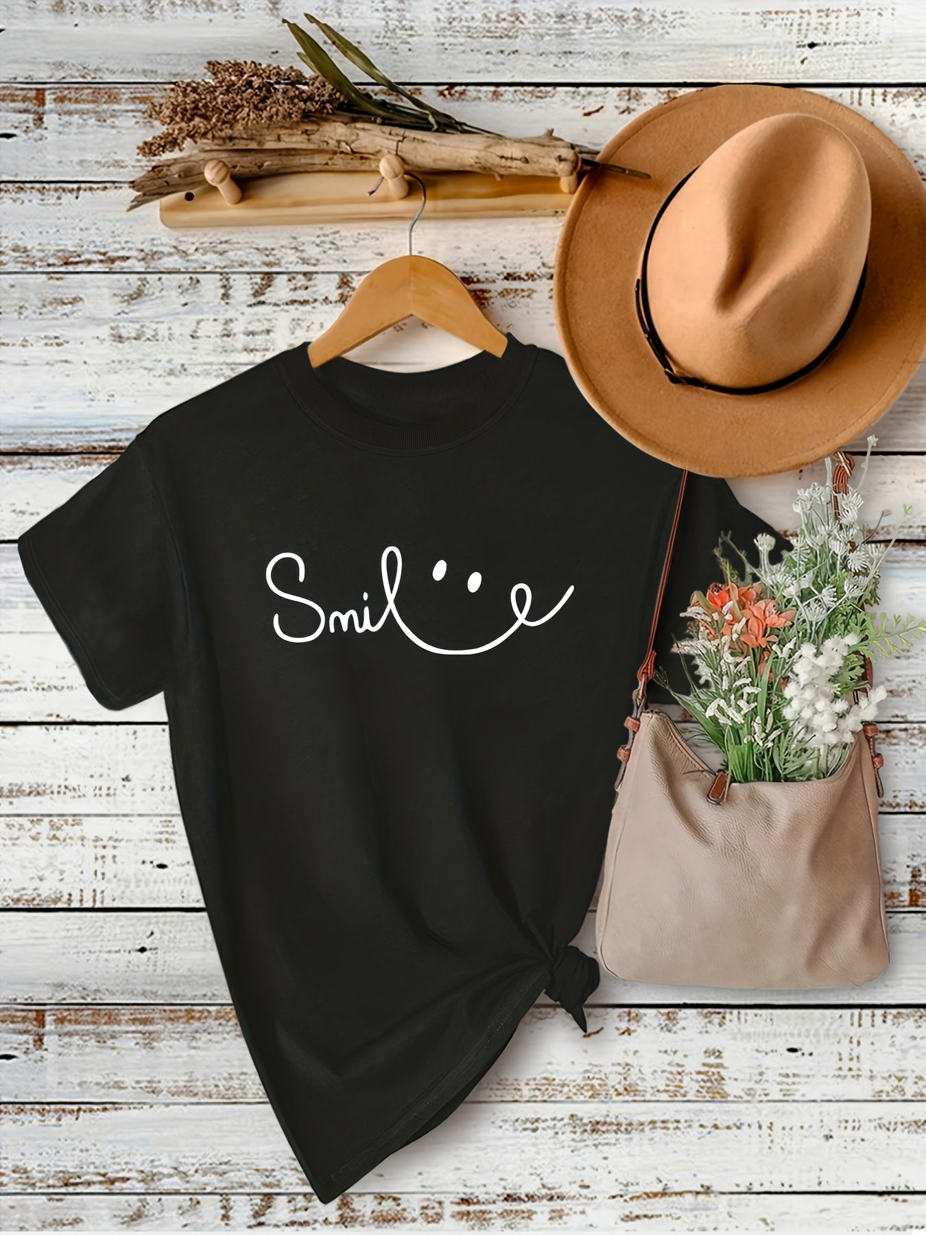 Plus Size Face Print Short Sleeve T-shirt, Women's Plus Slight Stretch Round Neck Casual Tee