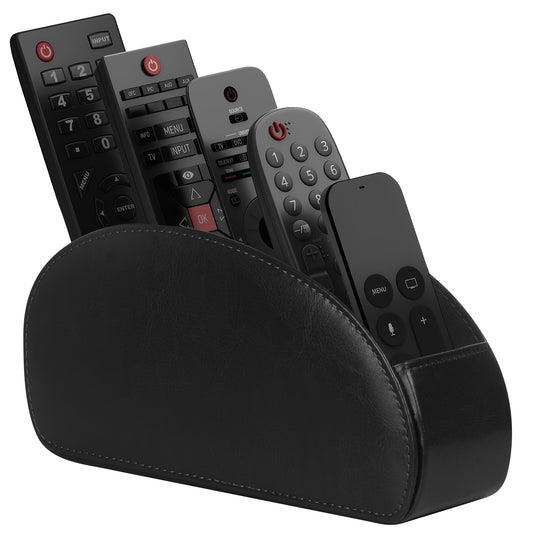 Remote Control Holder with 5 Compartments - Black Faux Leather Remote Caddy for TV, DVD, Blu-Ray, Media Player, And Heater Control, Independent Storage, Desk & Drawer Organizer for Home Storag, Desk & Drawer Organizer for Home Storage