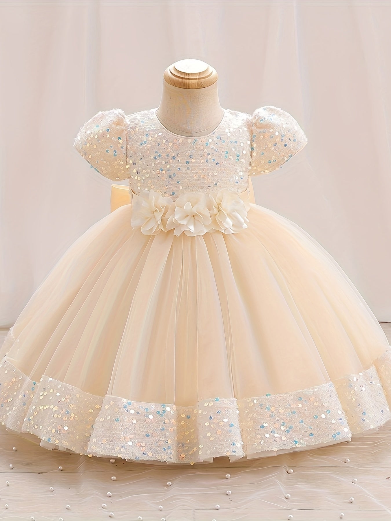 Gorgeous Sequin Flower Decor Puff Short Sleeve Tutu Dress Princess Dress Girls Kids Clothes Party Christmas
