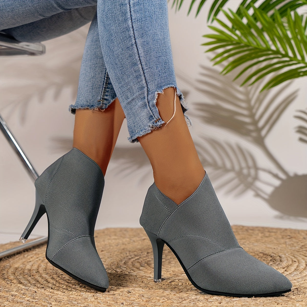 Women's Solid Color Casual Shoes, Slip On Stretch Walking High Heels, Point Toe Comfort Slim Versatile Shoes