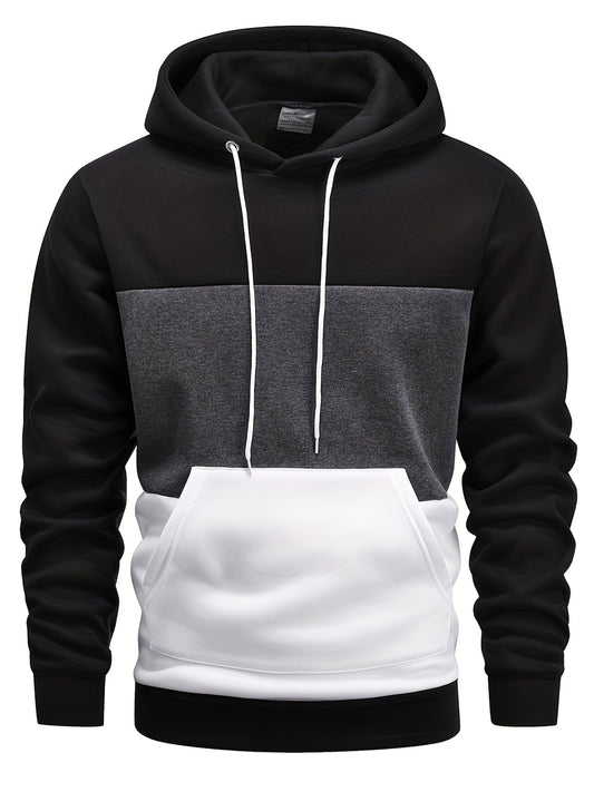Men's Color Block Hoodie - Casual Pullover with Kangaroo Pocket, Long Sleeve, Polyester Blend, Machine Washable