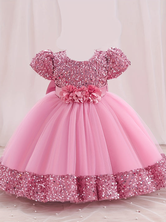 Gorgeous Sequin Flower Decor Puff Short Sleeve Tutu Dress Princess Dress Girls Kids Clothes Party Christmas
