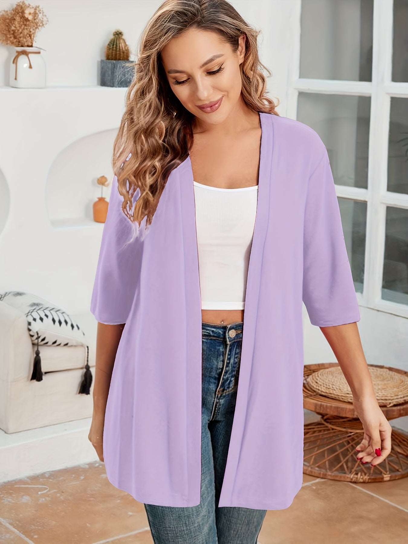 Elegant Plus Size Women's Cardigan - Chic Solid Color, Half Sleeve, Open Front with High Stretch Fabric, Perfect for Fall/Winter - Machine Washable, Plus Size Cardigan