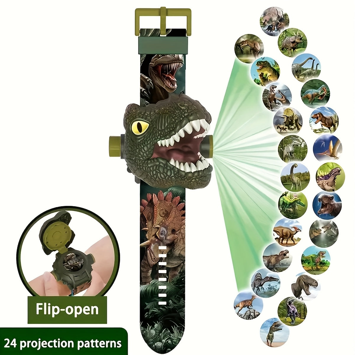Jurassic Dino Flip-Open Projection Watch: 24 Images, Ideal Gift for Kids Ages 3-14