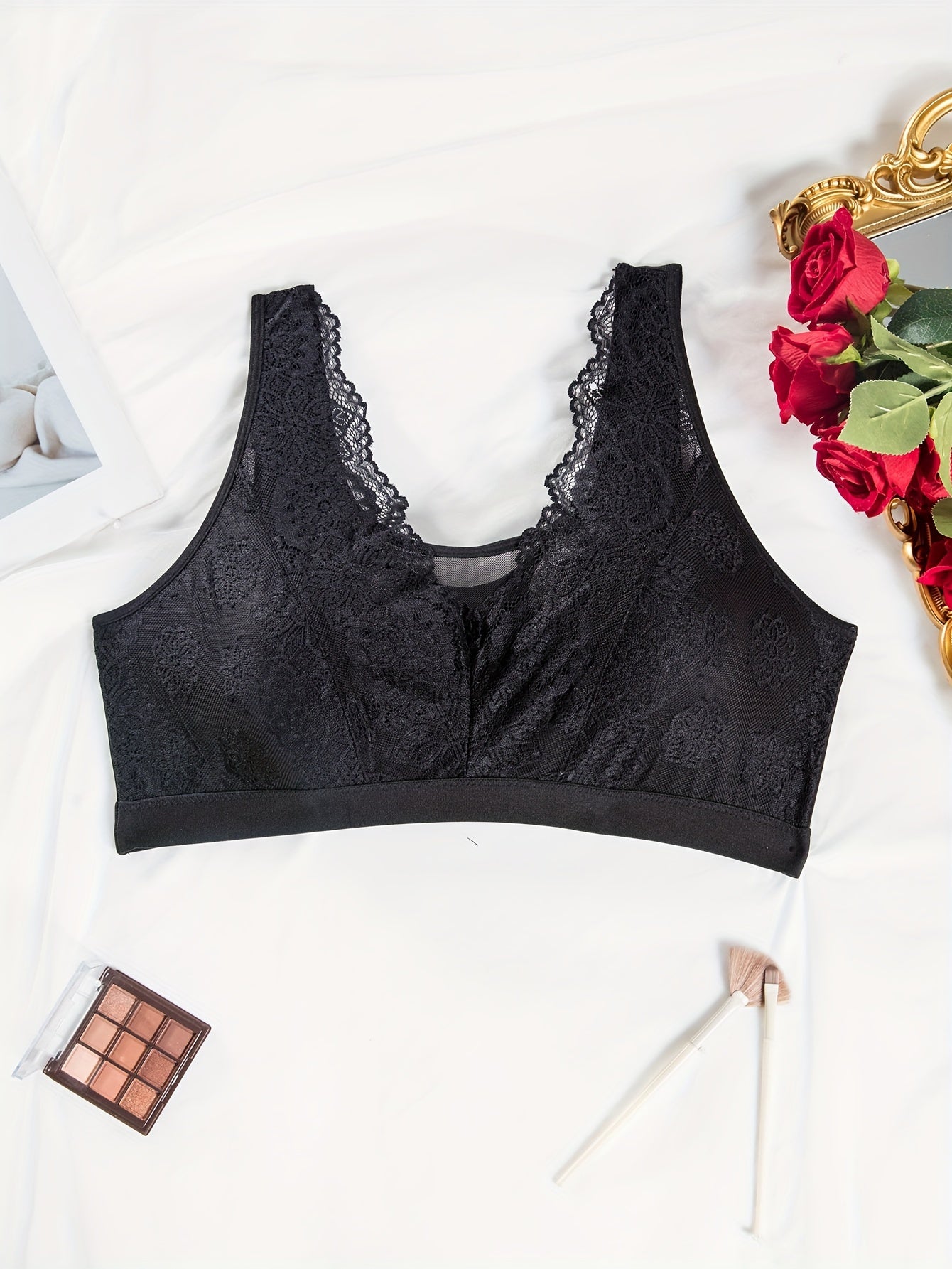 Plus Size Sexy Bra, Women's Plus Floral Lace Insert Mesh Wide Straps Semi Sheer Bra
