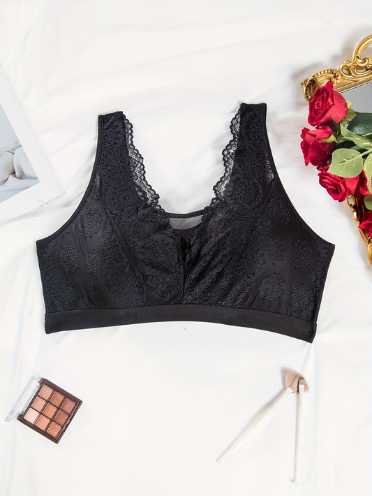 Plus Size Sexy Bra, Women's Plus Floral Lace Insert Mesh Wide Straps Semi Sheer Bra