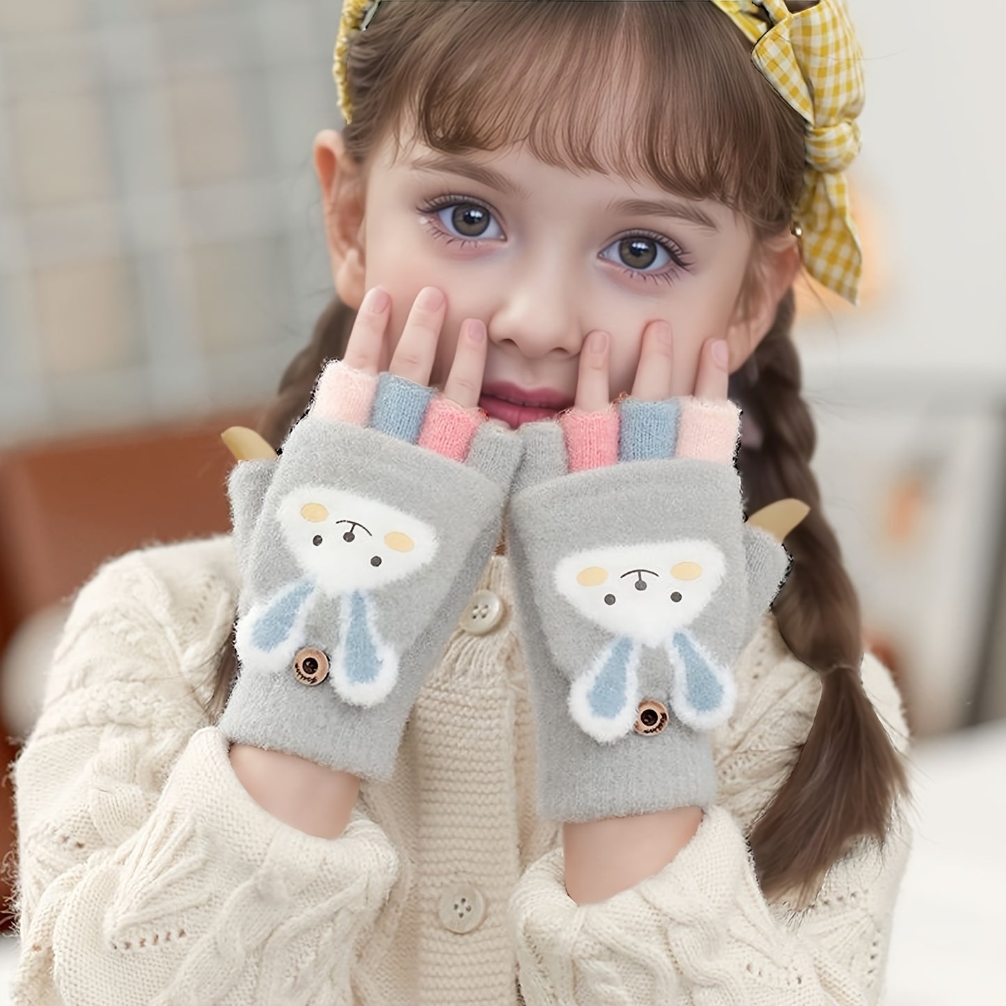 Cozy & Cute Cartoon Girls' Winter Gloves - Warm, Cold-Proof Flip Top Design for Writing and Skiing, Polyester Blend, Hand Washable