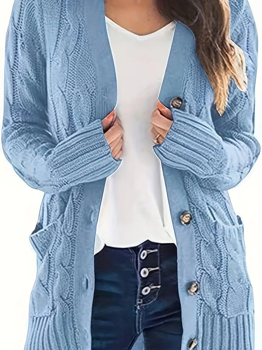 Plus Size Casual Cardigan, Women's Plus Cable Knit Long Sleeve Button Up High Stretch Cardigan With Pockets