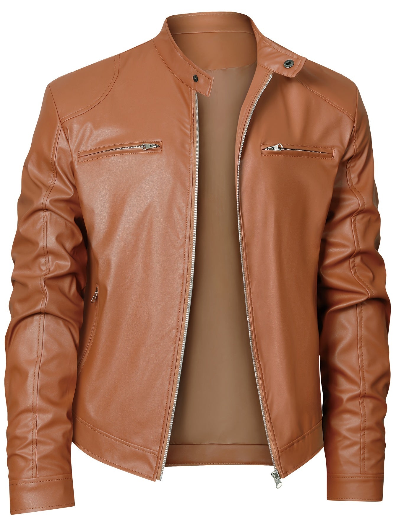 EX-STRECH Men's Zipper Jacket Coat - Full-Zip Motorcycle Jacket with Full-Zip Closure, Full-Length Zipper Front, Stand Collar & Zippered Pockets - Heavy-Duty Brown Leather-like Texture, Lining - Casual & Formal Outerwear for Everyday, Business, or Riding