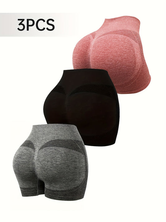 3pcs Women's High-Waisted Butt Lifting Shaping Shorts - Tummy Control Breathable Yoga Shorts with High Elasticity & Side Stripes, 3 Colors (Black/Beige/Grey) for Gym, Workouts & Casual Attire, Fitness Apparel | Seamless Design | Strong Support Shorts, Hig