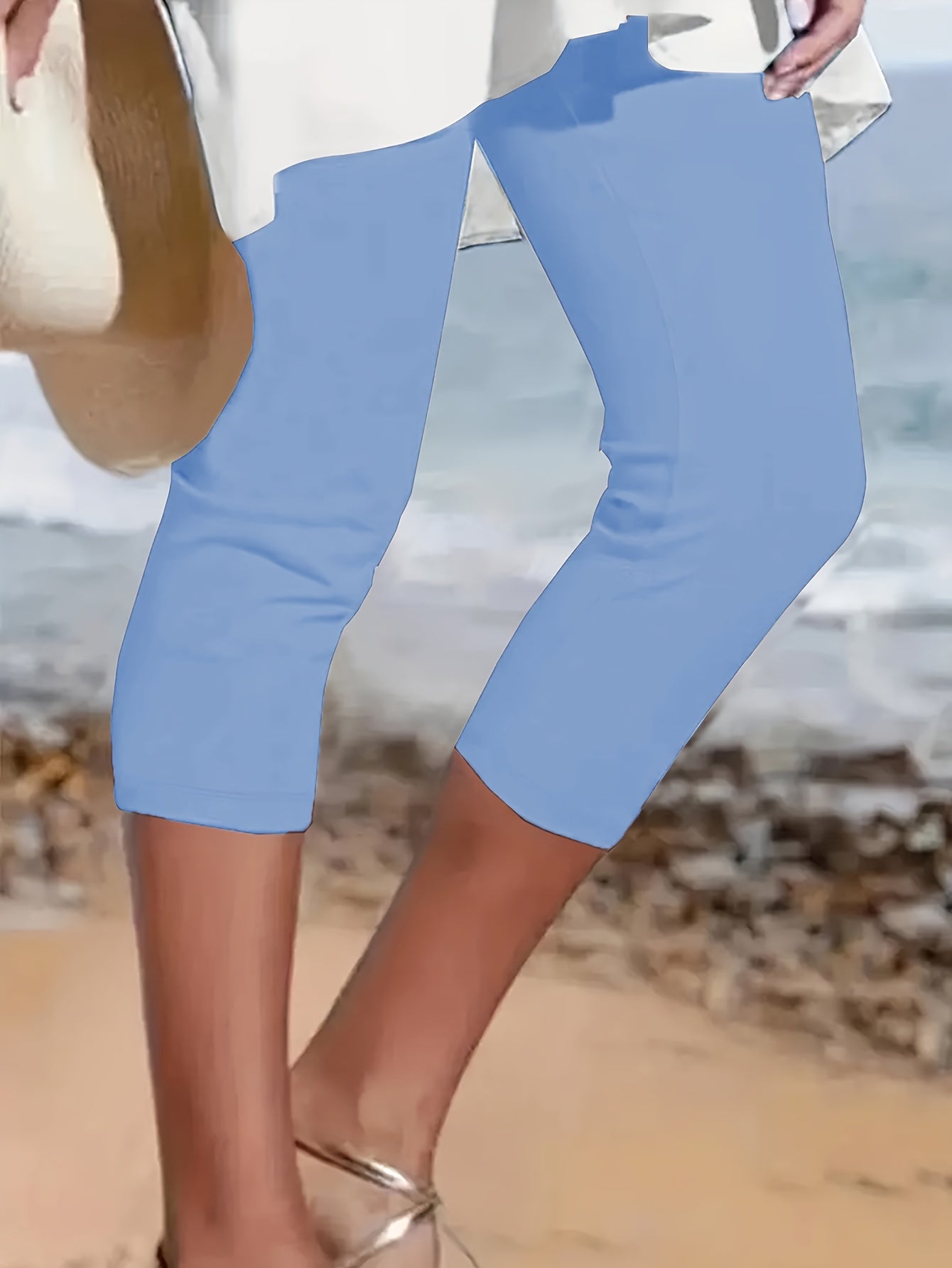 Plus Size Solid Skinny Capris Leggings, Casual Crop Leggings For Spring & Summer, Women's Plus Size Clothing