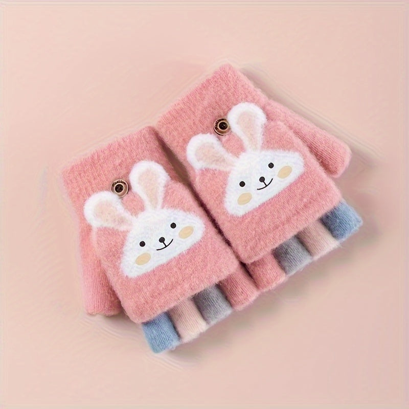 Kids' Winter Knit Flip Gloves - Cartoon Bunny Design, Acrylic & Polyester, Hand Washable, Flip Top Fingerless to Full Finger - Suitable for Boys 3-8 Years, Seasonal Fall/Winter Warmth - 1 Pair Suitable for Teens